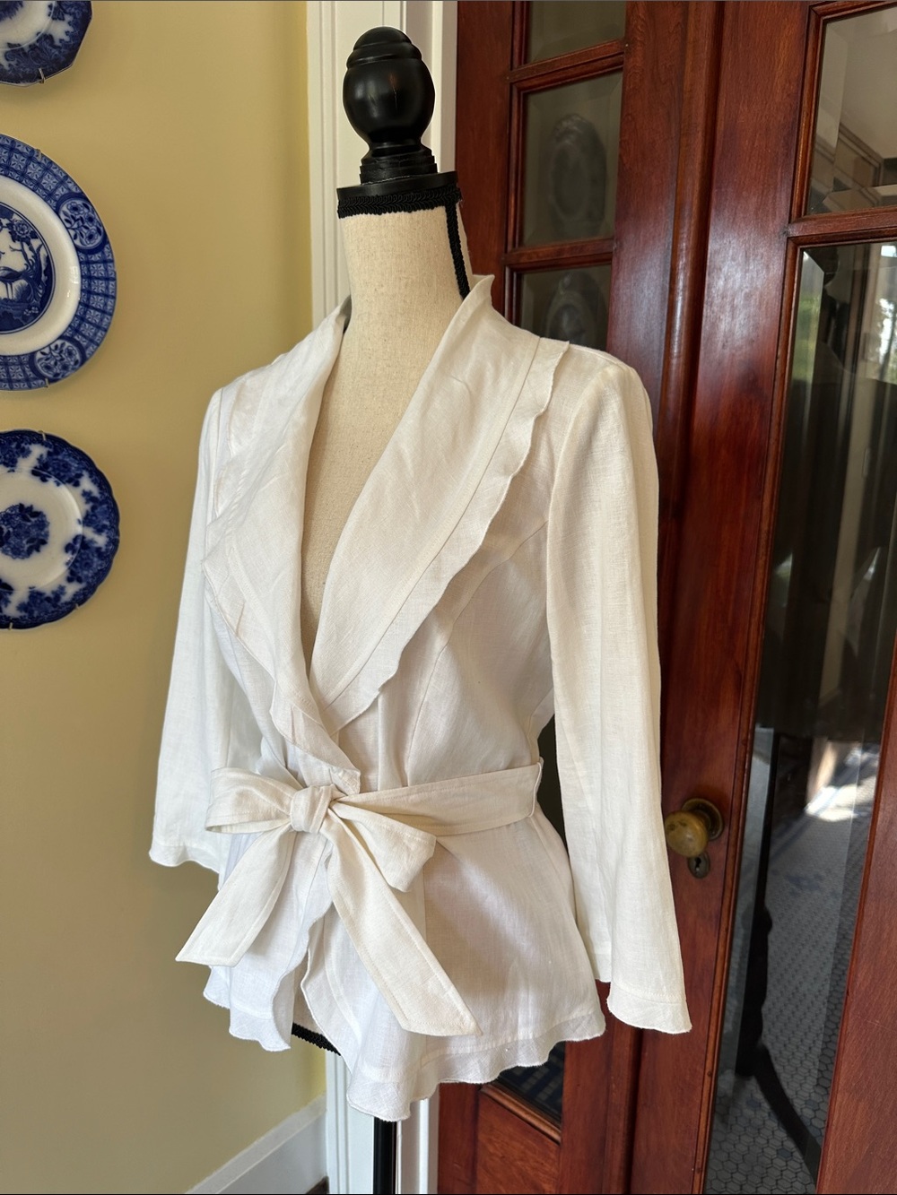 WHBM | Linen Wrap Ruffle Jacket Blouse, White/Off White NWT, Size 14